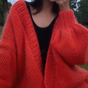 White Chunky Mohair Cardigan Hand Knit Oversized Orange Sweater Chunky Sweater Chunky Knit Sweater Hand Knitted Cardigan Fashion Women Coat