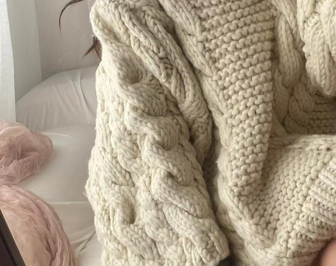 Chunky Cable Knit Merino Wool Sweater | Cream Oversized Pullover Jumper