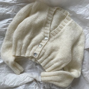 Hand Knit Woman Sweater Mohair Cable knit Short Cropped Cardigan Button Front Cardigan