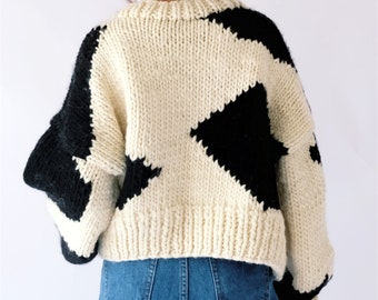 Handmade Jacquard Wool Sweater: Cow Pattern, Long Sleeve