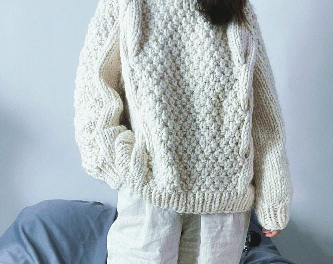 Hand Knitted Chunky Merino Wool Pullover Sweater - Twist Front