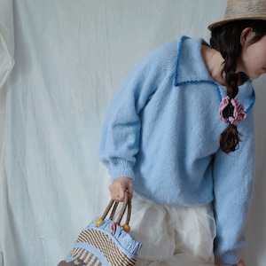 Mohair Blend Knit Sweater: Blue Lapel Collar Pullover