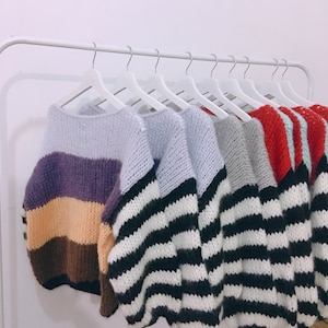 Handknit Mohair Sweater: Striped Fuzzy Knit, Warm Fashion Top
