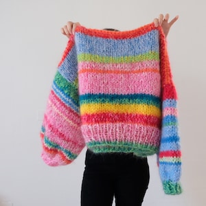 Handmade Rainbow Mohair Sweater | Fuzzy Bubble Sleeve Knitwear, Airy Soft Crop Top