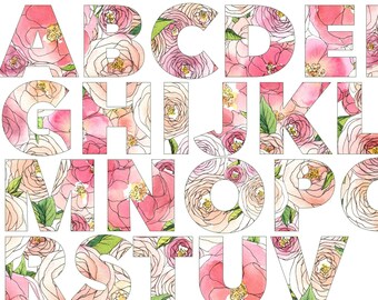 Ranunculus Watercolor Letters Modern Font, Botanical Sign Lettering