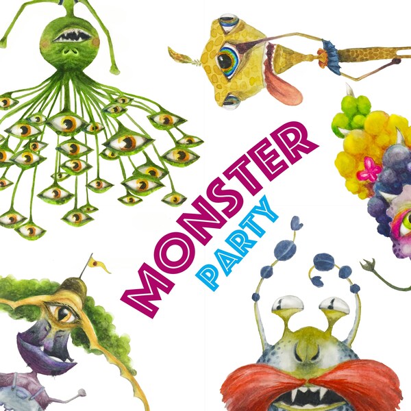 Monster Aliens Kids Party Watercolor Clip Art Funny Monsters