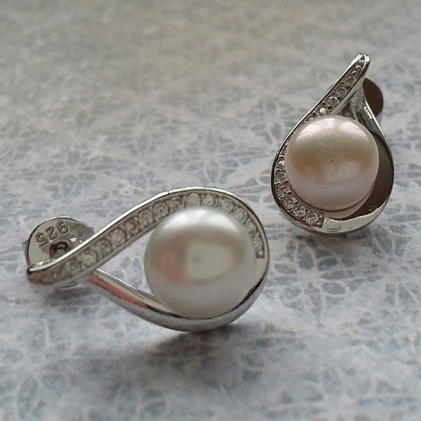 NEW for 2024 - 925 Sterling Silver & CZ set Freshwater White Pearl 15mm Fancy Bridal Stud Earrings - Presented in Deluxe Branded Gift Box