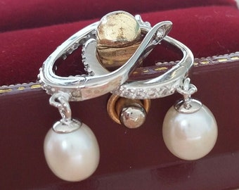 Bridal Wedding Ready 925 Sterling Silver 24mm CZ and Fresh Water White Oval Pearl Hinged Drop Dangle Earrings with Deluxe Branded Gift Box