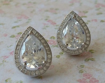 NEW for 2026 - 925 Sterling Silver & CZ set Tear Drop Pear Halo 13mm Bridal Stud 3.5g Earrings - Presented in our Deluxe Branded Gift Box