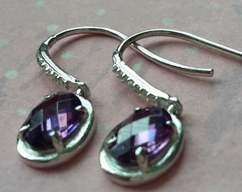 NEW for 2026 - 925 Silver 22mm REAL Oval Purple Amethyst & CZ Drop Dangle Fish Hook Earrings - Presented in our Deluxe Branded Gift Box