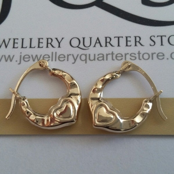 9ct Baby/Child Yellow Gold Embossed Love Heart Creole 12mm x 10mm Lever Backed Hoop Earrings - Presented in our Deluxe Branded Gift Box