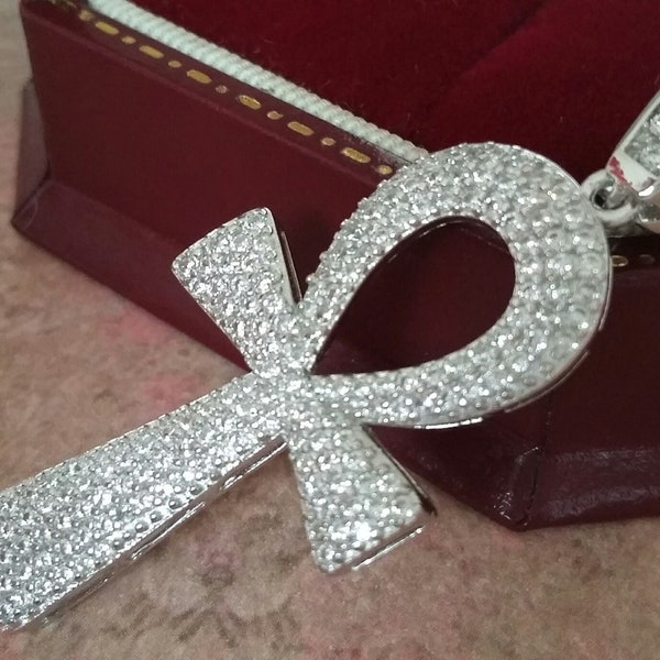 925 Sterling Silver CZ Pave Set 43mm x 17mm 'Key of Life' Egyptian Ankh Pendant - Optional Diamond Cut Trace Chains Available - Gift Boxed