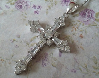 POPULAR 925 Silver CZ Cross Crucifix 43mm Pendant with Baguette & Round Stones - Optional Rhodium Plated Diamond Cut Trace Chains Available