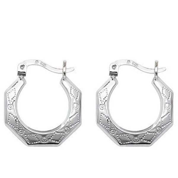 925 Sterling Silver Octagon Shaped Engraved Creole Hoop Earrings in EITHER 18mm, 15mm OR 10mm Diameter - Supplied in Deluxe Branded Gift Box