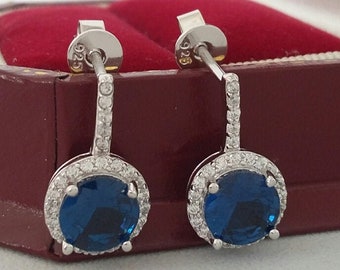 NEW 2026 LISTING - 925 Sterling Silver Sapphire Blue CZ 15mm Claw Set Halo Dangle Stud Earrings - Presented in our Deluxe Branded Gift Box