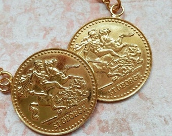 Choose from Yellow Gold, Rose Gold or Rhodium Plated 925 Sterling Silver 17" Double Half Sovereign Coin George and Dragon Pendant Necklace