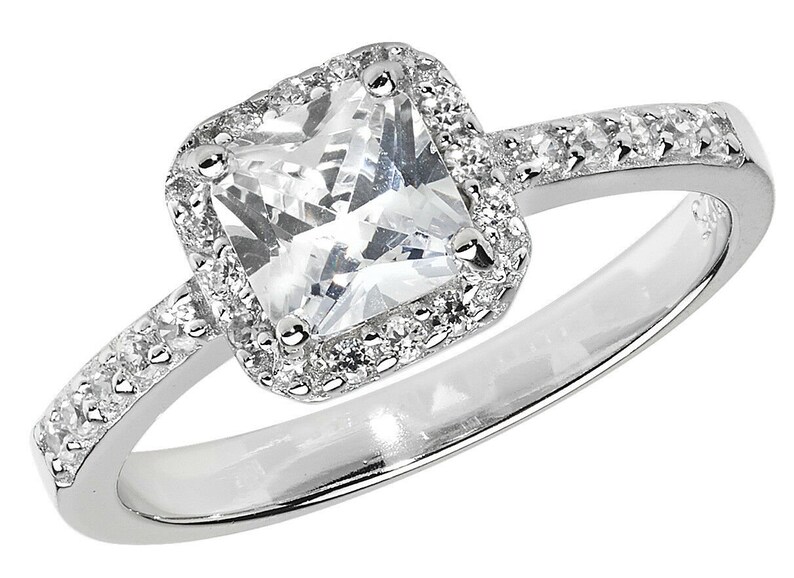 Gift Boxed Sizes UK K to T currently available 925 Sterling Silver Engagement 2mm Square Cut CZ Halo Claw Set Bridal Ring