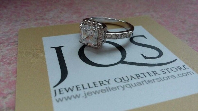 Gift Boxed Sizes UK K to T currently available 925 Sterling Silver Engagement 2mm Square Cut CZ Halo Claw Set Bridal Ring
