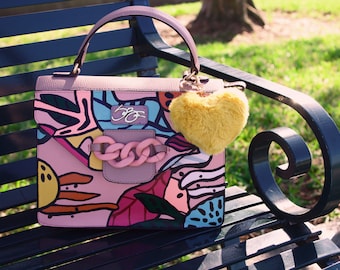 Hand Painted Graphic 'Emily In Paris' Top Handle Bag, One of a Kind Statement Purse