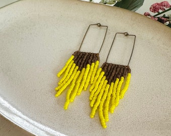 Yellow and Gold Hoop Earrings, Beaded Fringe Jewelry, Lightweight Boho Earrings, Cute Gift for Girlfriend, Bold Dangle Rectangles, Statement