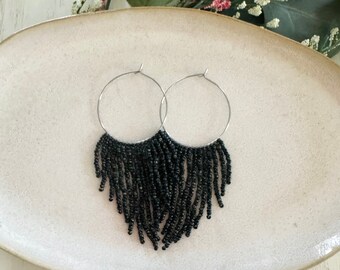 Black Speckled Hoop Earrings, Beaded Fringe Jewelry, Lightweight Boho Earrings, Cute Gift for Girlfriend, Neutral Dangle Hoops, Statement