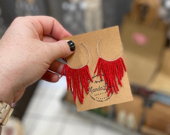 Beaded Fringe Red Earrings Hoop, Bulldog Earrings, Cute Gift for Girlfriend Birthday, Handmade Earrings Lightweight Hoops, Bright Red
