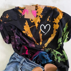 Hoodie Reverse Tie Dye, Rainbow Tie Dye Sweatshirt, TieDye Pullover for Women, Bright Hand Dyed Hooded Sweatshirt, Black TieDye Heart Design