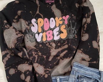 Spooky Vibes Bleached Black Sweatshirt, Halloween Bleach Splatter Crewneck, Women's Cute Fall Crew Sweatshirt,