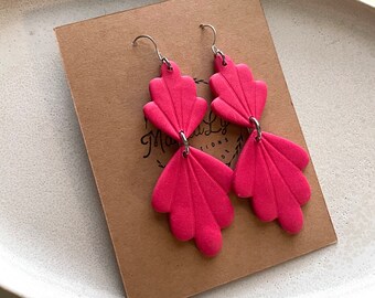 Modern Clay Earrings, Handmade Polymer Clay Earrings, Hot Pink Dangle Textured Earrings, Boho Clay Jewelry, Barbie Statement Earrings