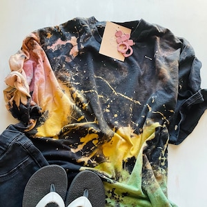 Splatter Reverse Tie Dye Shirt, Bleach Splatter, Rainbow TieDye Shirt for Women, Bright Hand Dyed Shirt, Black Tie Dye, Blank Bleached Shirt