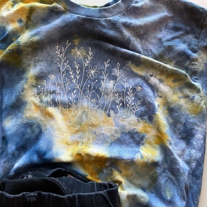 Wildflower Tshirt, Blue and Yellow Tie Dye, Ice Dyed Shirt, Hand Dyed, One of a Kind Shirt, Boho Style Shirt, Ice Dye Crew Neck Shirt
