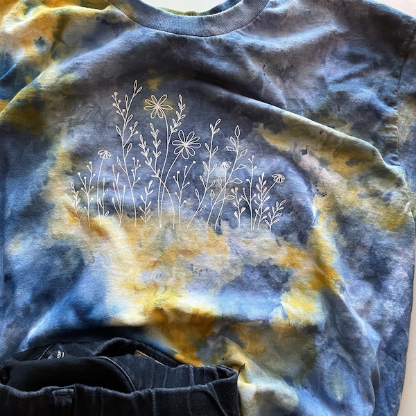 Wildflower T-shirt: Blue & Yellow Ice Tie-Dye, Hand-Dyed Boho Shirt