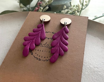 Modern Clay Earrings, Handmade Polymer Clay Earrings, Purple Stud Textured Earrings, Boho Clay Jewelry, Barbie Statement Earrings, Leaf