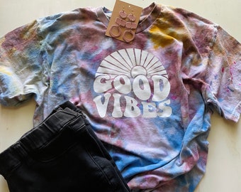 Women's Tie Dye Shirt, Bright Hand Dyed Shirt, Good Vibes Tshirt, Boho Style Clothing, Ice Dye Crew Neck Shirt, 80s 90s, Vintage Retro