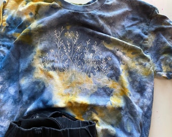 Wildflower Tshirt, Blue and Yellow Tie Dye, Ice Dyed Shirt, Hand Dyed, One of a Kind Shirt, Boho Style Shirt, Ice Dye Crew Neck Shirt