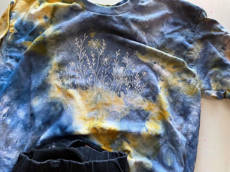 Wildflower Tshirt, Blue and Yellow Tie Dye, Ice Dyed Shirt, Hand Dyed, One of a Kind Shirt, Boho Style Shirt, Ice Dye Crew Neck Shirt image 1