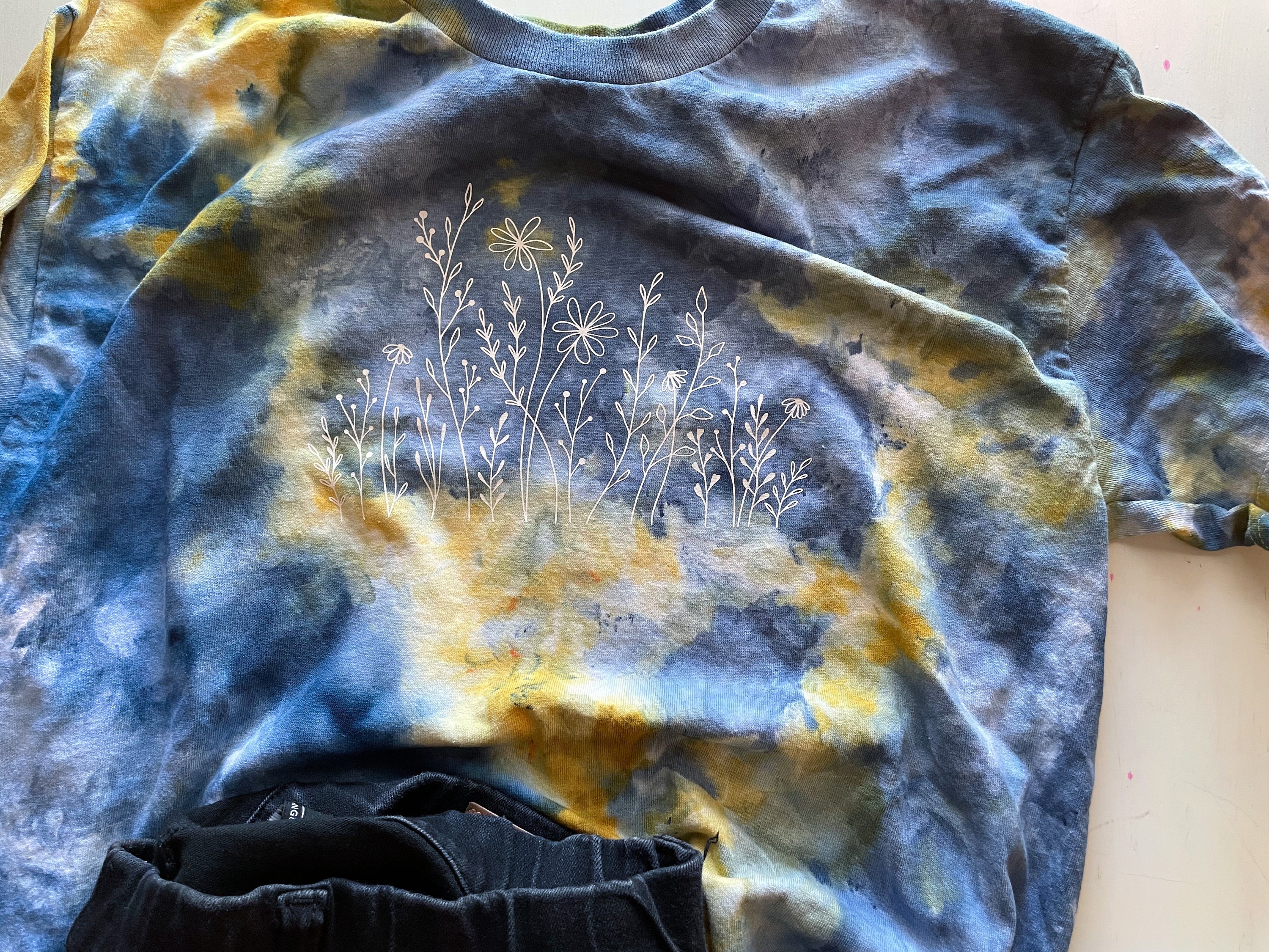 Wildflower Tshirt Blue and Yellow Tie Dye Ice Dyed Shirt Hand