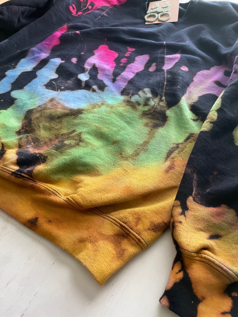 Reverse Tie Dye Sweatshirt, Rainbow Sweater, Black Rainbow, Bleach Tie Dye Crewneck, Purple, Green, Blue, Yellow, Bright Pink Sweatshirt image 4