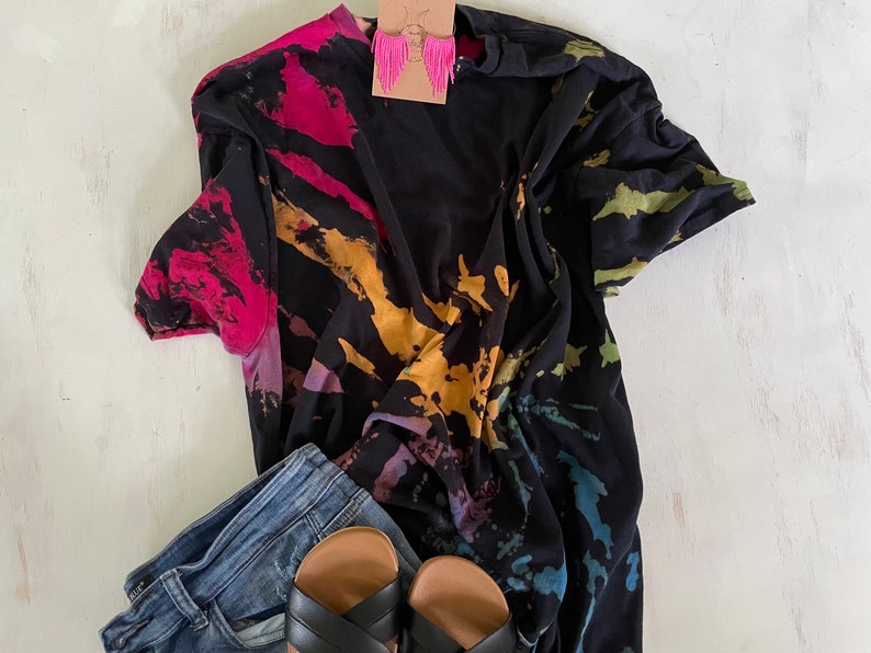 Reverse Tie Dye Shirt, Rainbow Tie Dye Shirt, TieDye Shirt for Women, Bright Hand Dyed Shirt, Black Tie Dye, Blank Bleached Shirts image 3