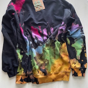 Reverse Tie Dye Sweatshirt, Rainbow Sweater, Black Rainbow, Bleach Tie Dye Crewneck, Purple, Green, Blue, Yellow, Bright Pink Sweatshirt image 7