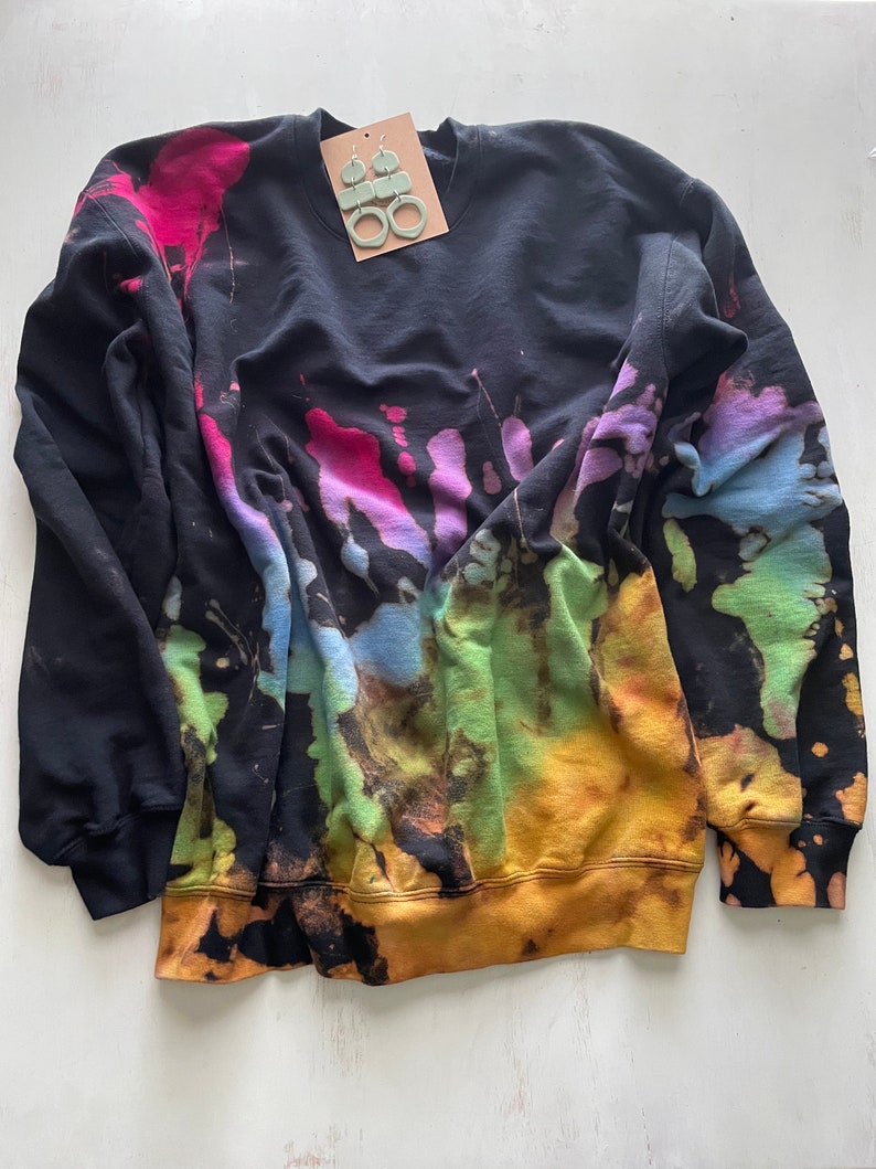 Reverse Tie Dye Sweatshirt, Rainbow Sweater, Black Rainbow, Bleach Tie Dye Crewneck, Purple, Green, Blue, Yellow, Bright Pink Sweatshirt image 7