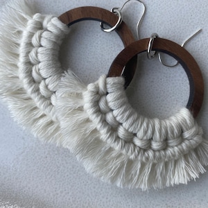 Macrame Hoop Earrings: Bohemian Wood Fringe, Hypoallergenic Hooks