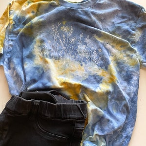 Wildflower Tshirt, Blue and Yellow Tie Dye, Ice Dyed Shirt, Hand Dyed, One of a Kind Shirt, Boho Style Shirt, Ice Dye Crew Neck Shirt image 5