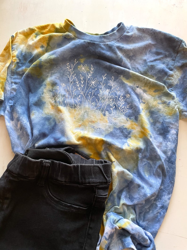 Wildflower Tshirt, Blue and Yellow Tie Dye, Ice Dyed Shirt, Hand Dyed, One of a Kind Shirt, Boho Style Shirt, Ice Dye Crew Neck Shirt image 5