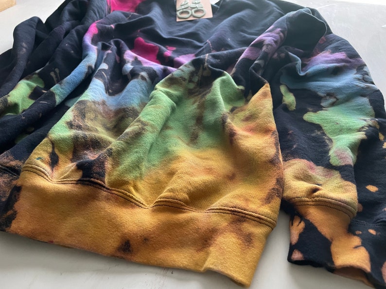 Reverse Tie Dye Sweatshirt, Rainbow Sweater, Black Rainbow, Bleach Tie Dye Crewneck, Purple, Green, Blue, Yellow, Bright Pink Sweatshirt image 6