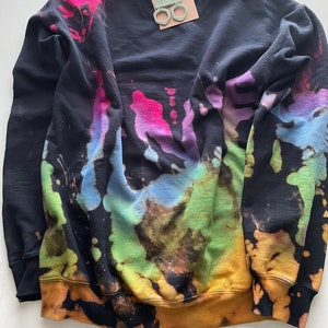 Reverse Tie Dye Sweatshirt, Rainbow Sweater, Black Rainbow, Bleach Tie Dye Crewneck, Purple, Green, Blue, Yellow, Bright Pink Sweatshirt image 2