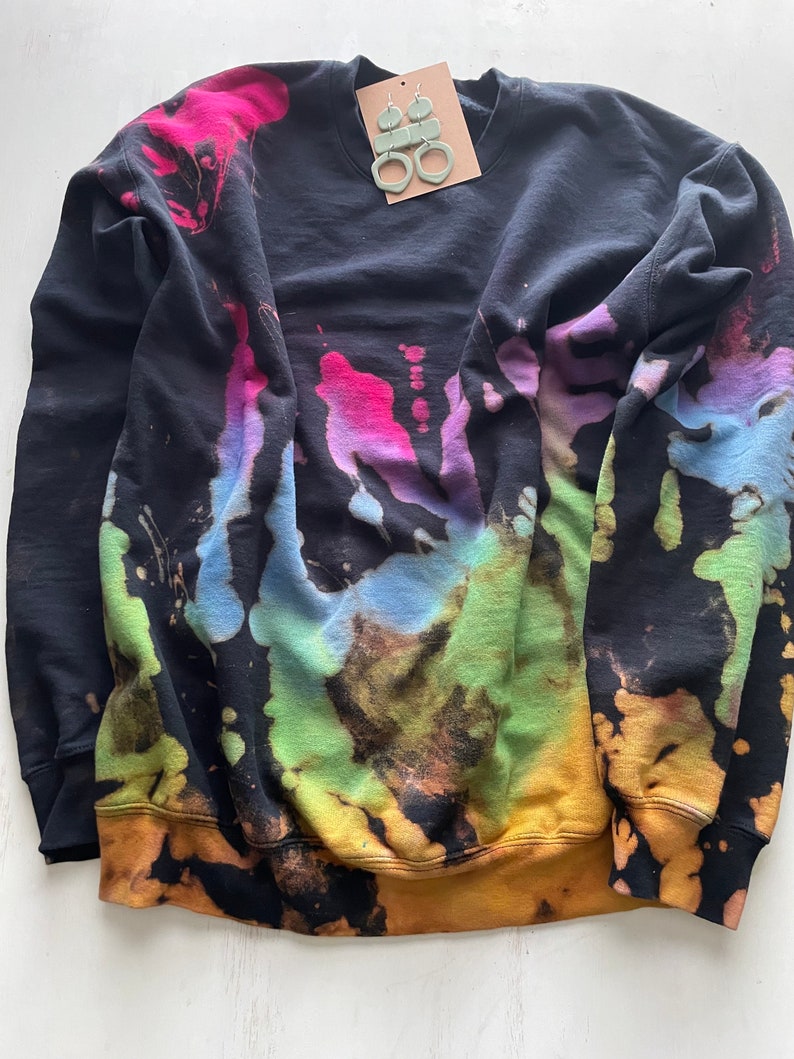 Reverse Tie Dye Sweatshirt, Rainbow Sweater, Black Rainbow, Bleach Tie Dye Crewneck, Purple, Green, Blue, Yellow, Bright Pink Sweatshirt image 2