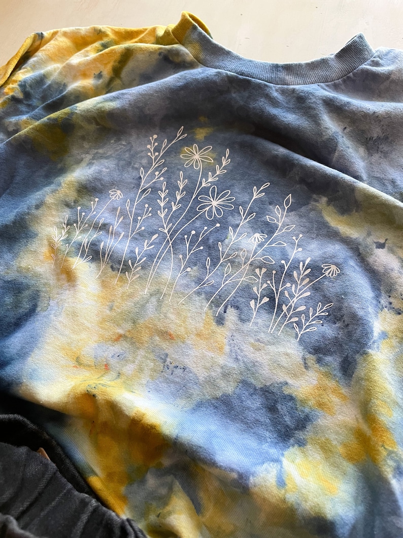 Wildflower Tshirt, Blue and Yellow Tie Dye, Ice Dyed Shirt, Hand Dyed, One of a Kind Shirt, Boho Style Shirt, Ice Dye Crew Neck Shirt image 2