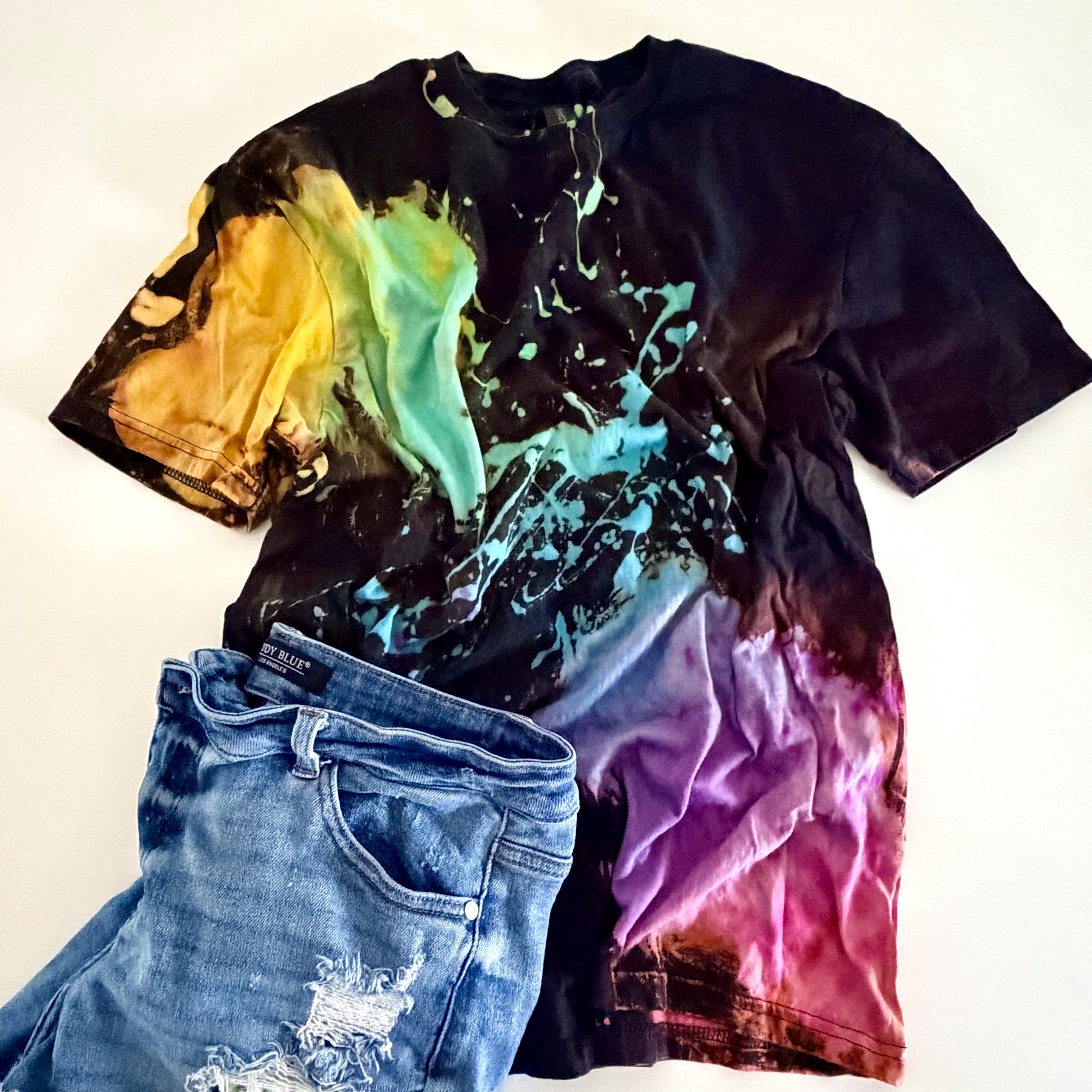 Bright Rainbow Splatter Reverse Tie-dye Shirt: Hand-dyed Bleach