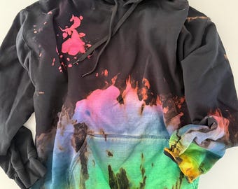 Black Rainbow Reverse Tie Dye Hoodie: Handmade Unisex Sweatshirt